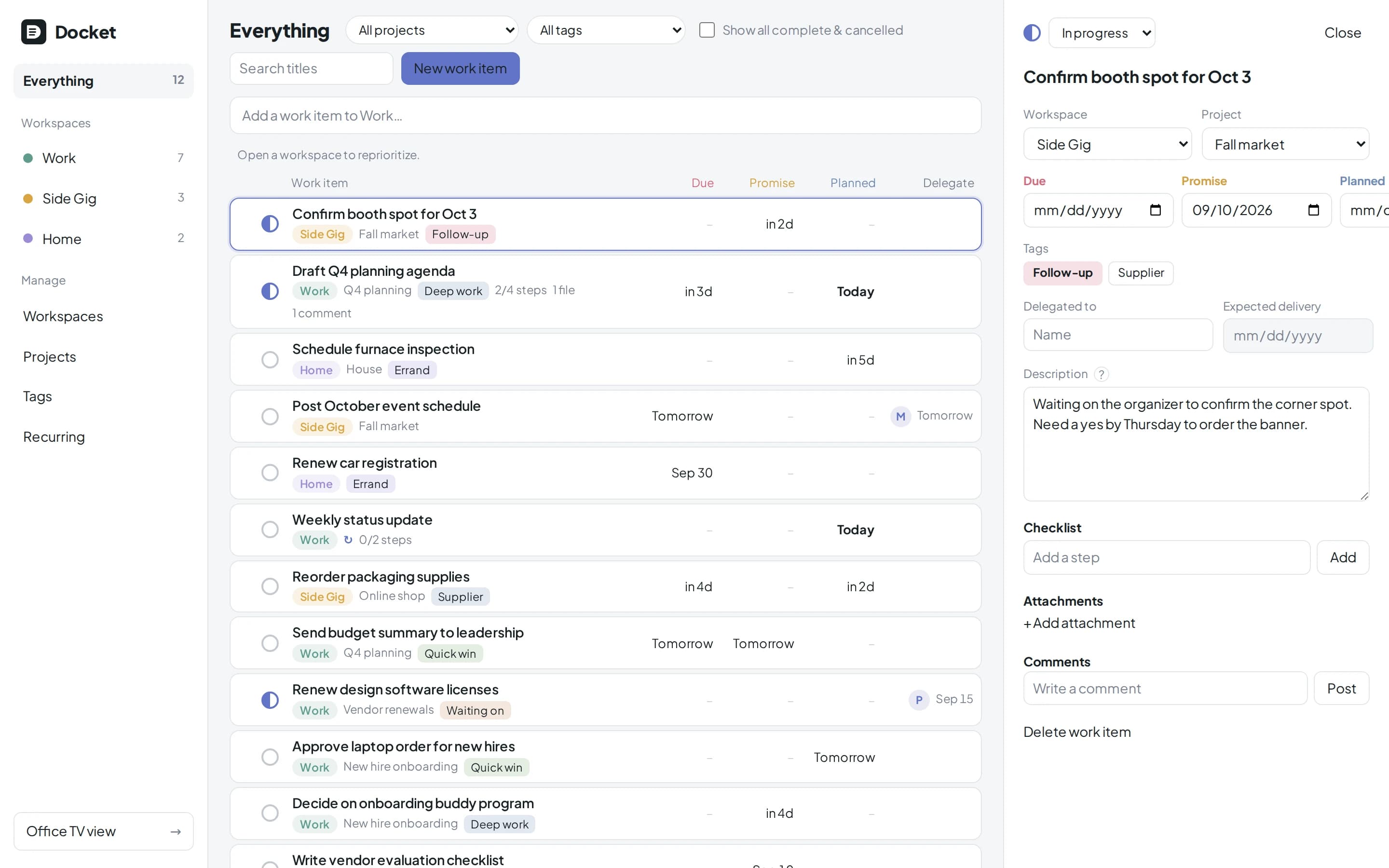 The Docket Everything view: three workspaces in the sidebar, a list of work items with Due, Promise, and Planned columns, and one item open in the detail drawer